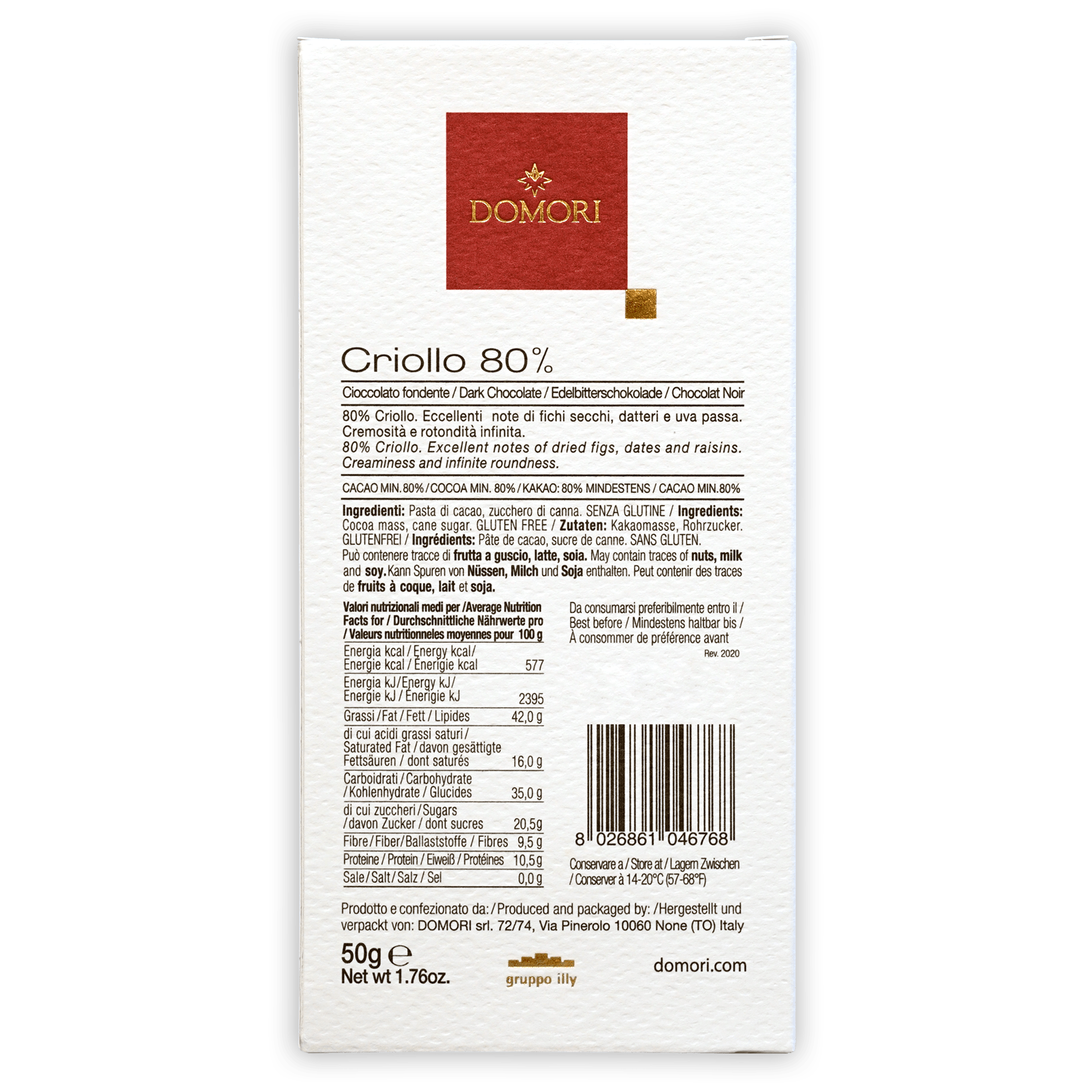 Domori Criollo 80% white wrapper with red square gold Domori logo