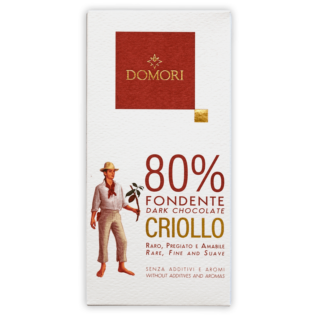 Domori Criollo 80% dark chocolate bar with white wrapper and cocoa illustration