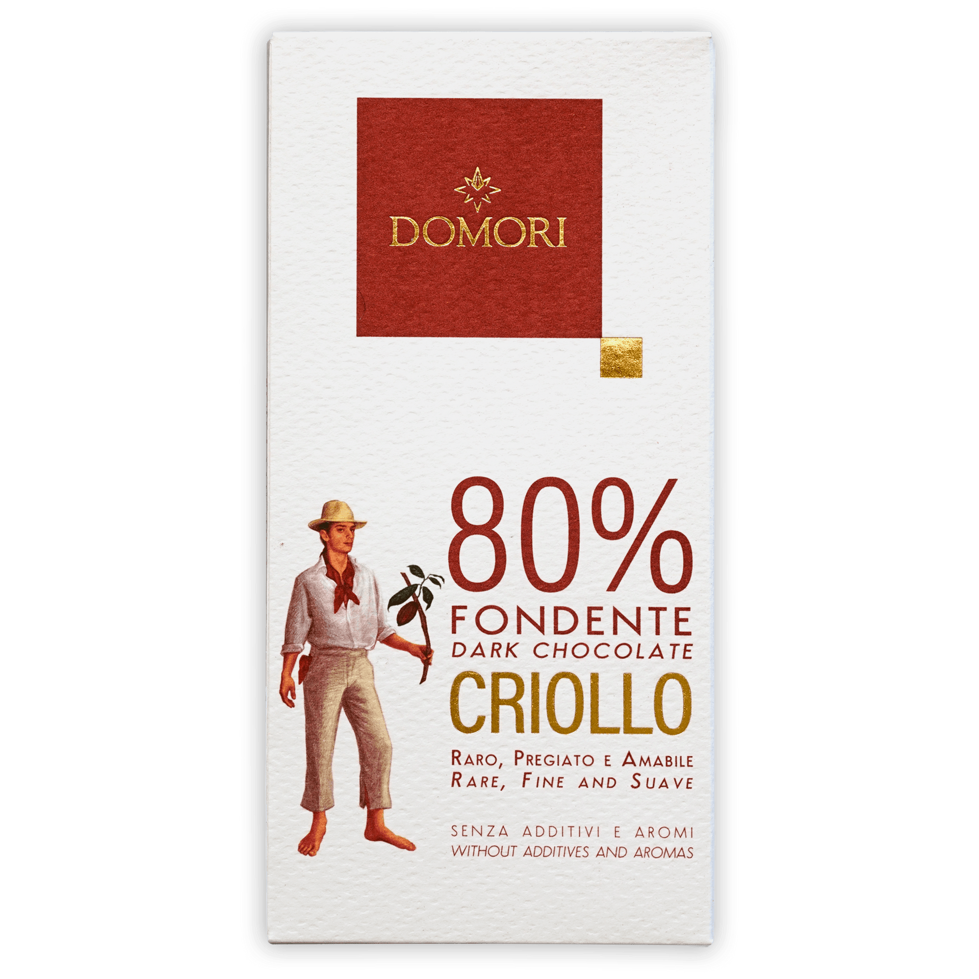 Domori Criollo 80% dark chocolate bar with white wrapper and cocoa illustration