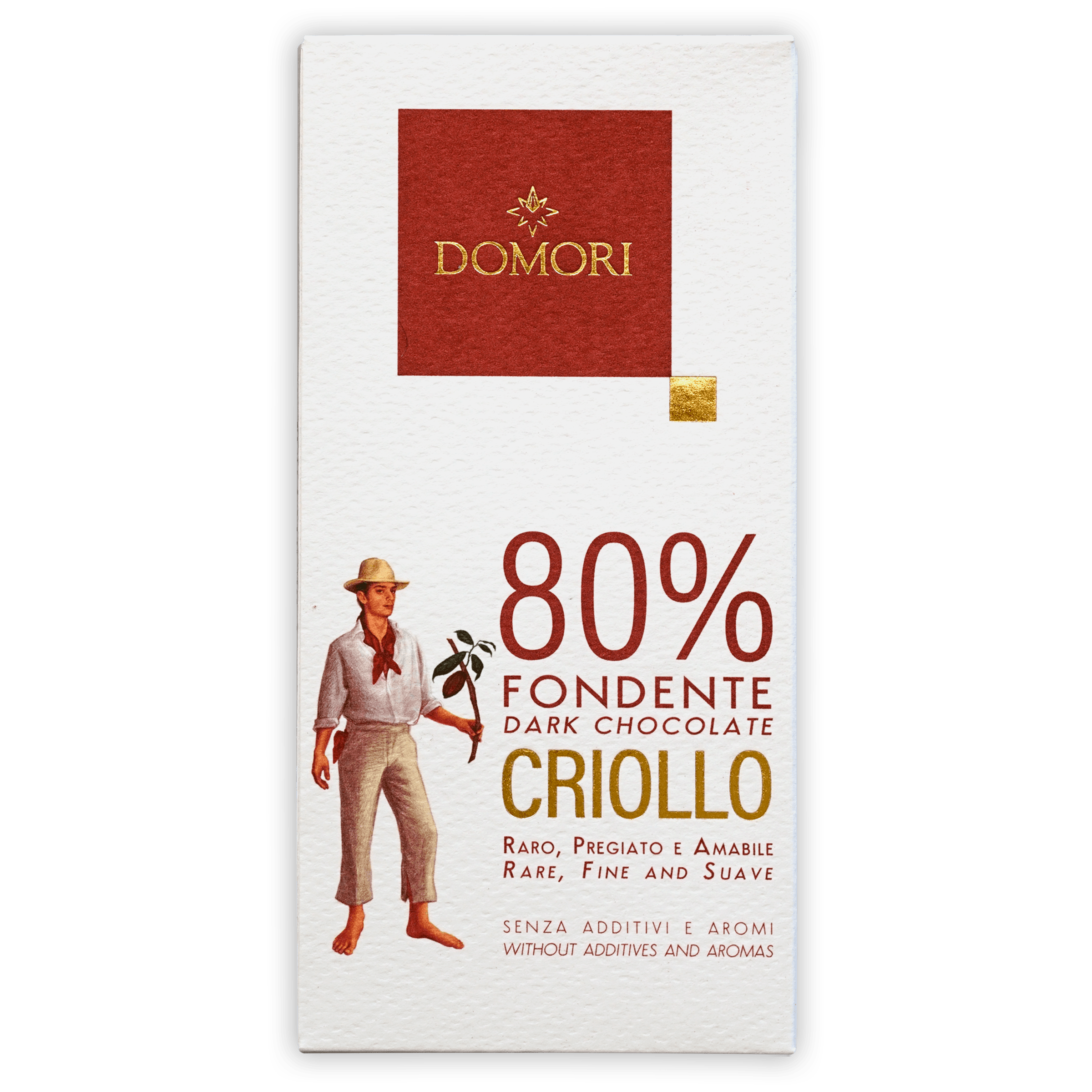 Domori Criollo 80% dark chocolate bar with white wrapper and cocoa illustration