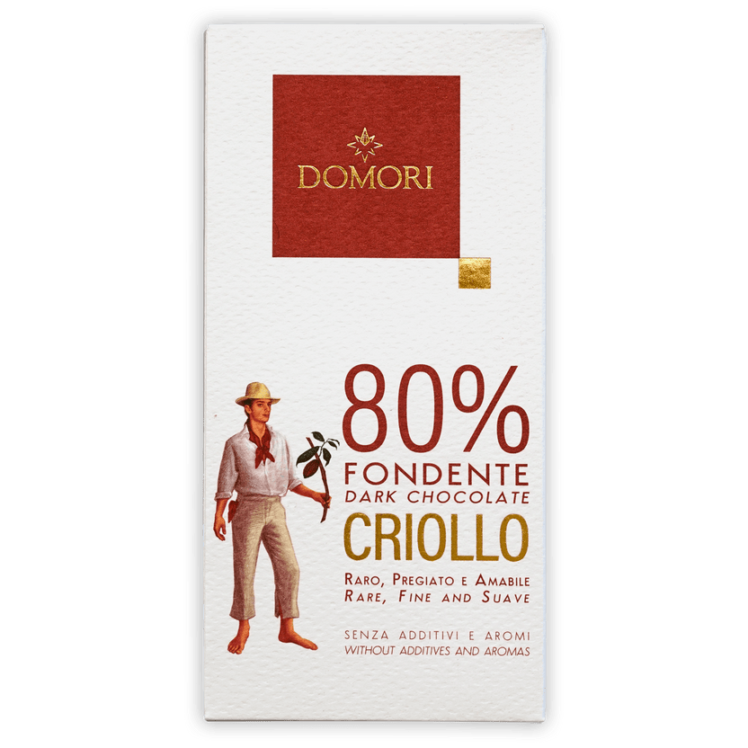 Domori Criollo 80% dark chocolate bar with white wrapper and cocoa illustration