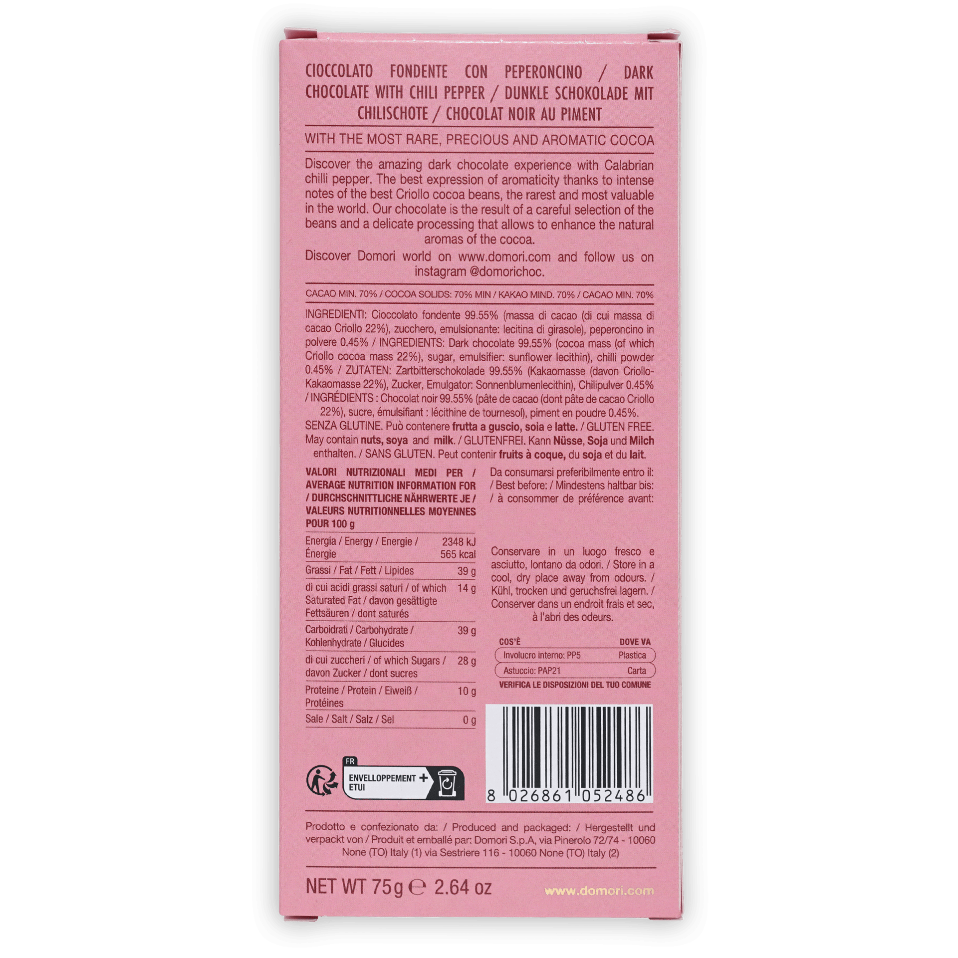 Domori Dark Chocolate w/ Calabrian Chili 70% pink box back with nutrition