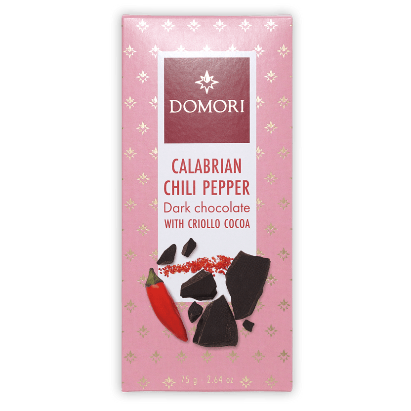 Domori 70% dark chocolate with Calabrian chili, pink package