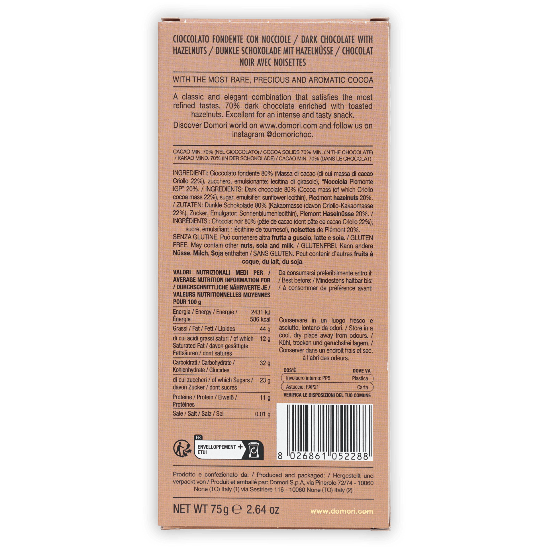 Back of Domori Dark Chocolate with Piedmont Hazelnuts 70% tan box