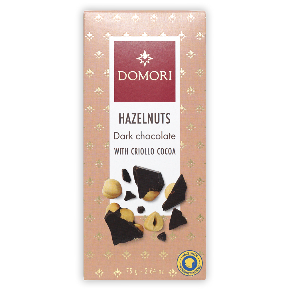 Domori 70% dark chocolate bar with Piedmont hazelnuts, pink gold foil package