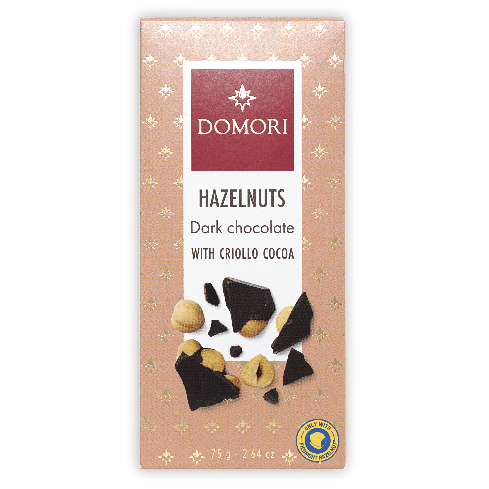 Domori 70% dark chocolate bar with Piedmont hazelnuts, pink gold foil package