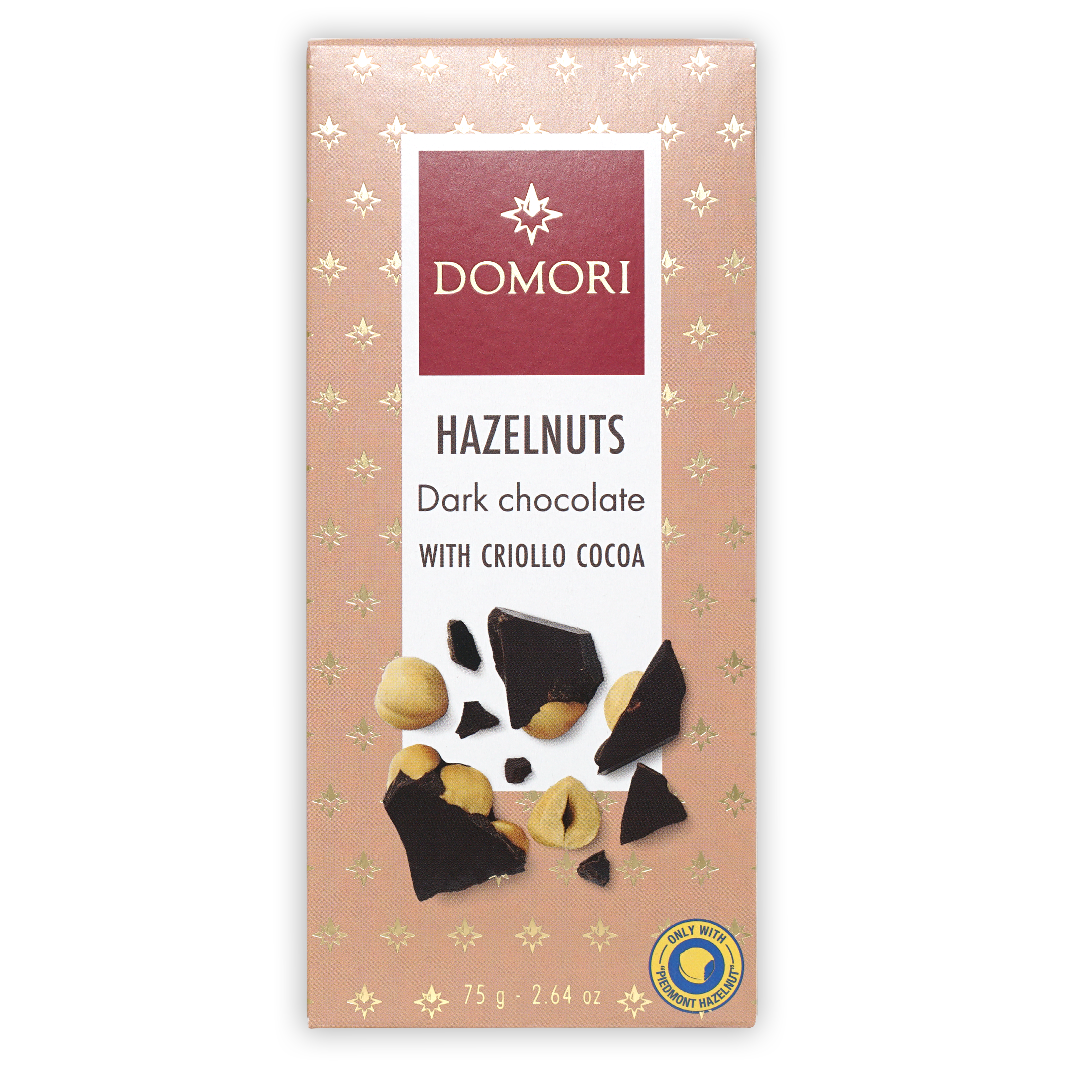 Domori 70% dark chocolate bar with Piedmont hazelnuts, pink gold foil package
