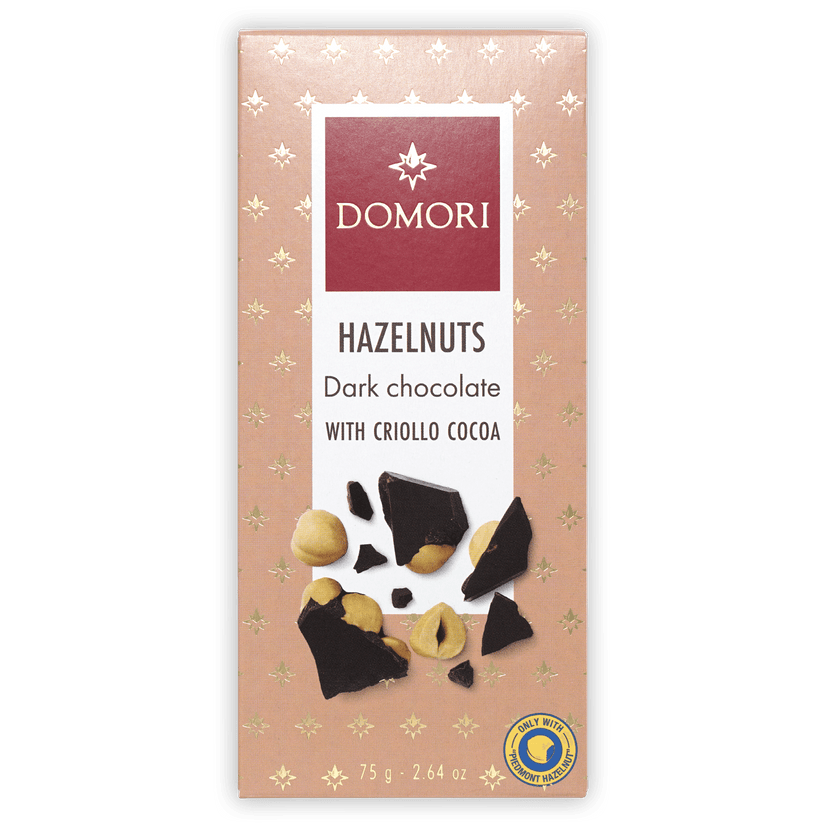 Domori 70% dark chocolate bar with Piedmont hazelnuts, pink gold foil package