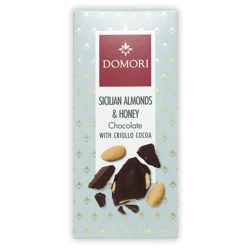 Domori dark milk chocolate bar with Sicilian almonds and honey