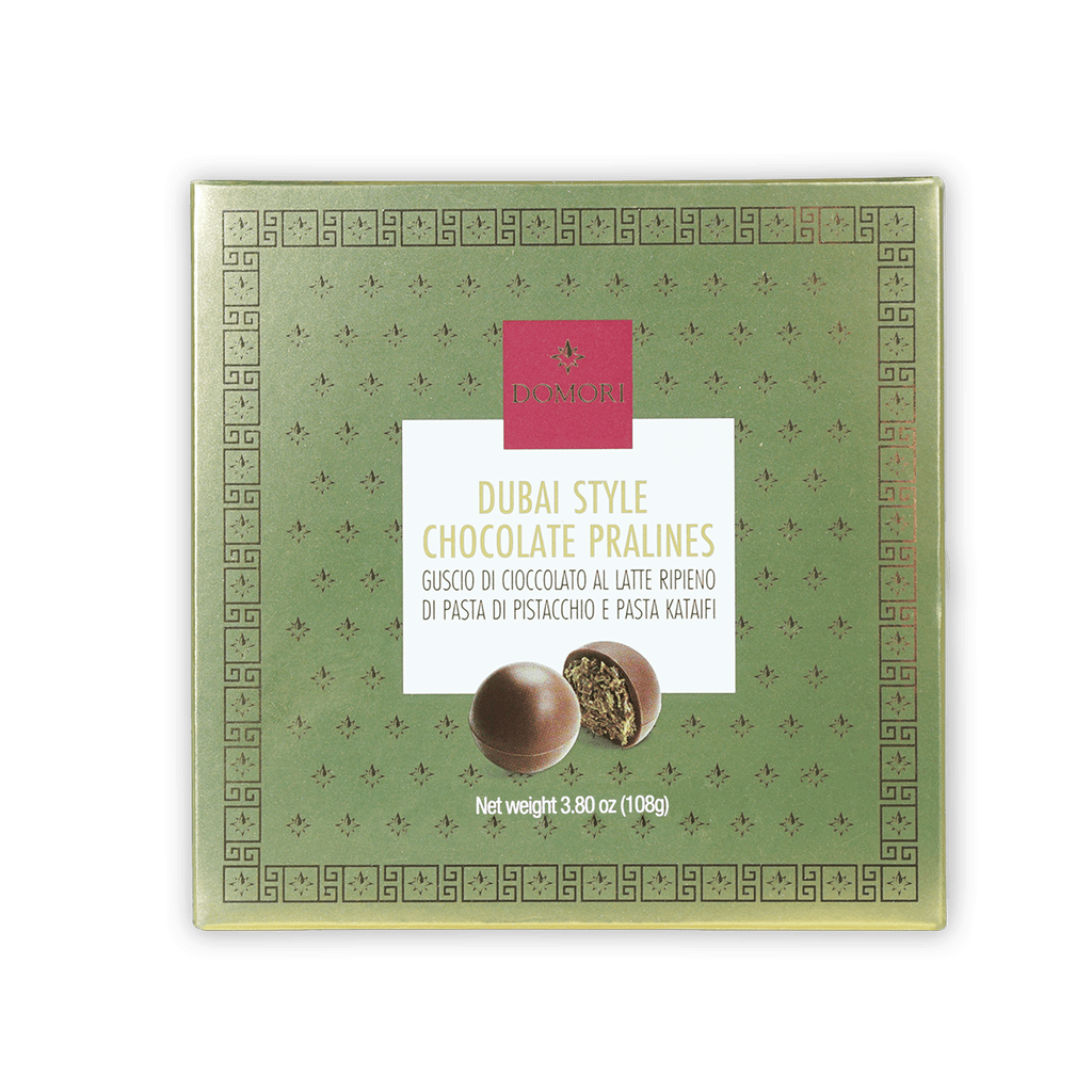 Domori Dubai Chocolate Pralines green gift box with pink label, 9 pcs