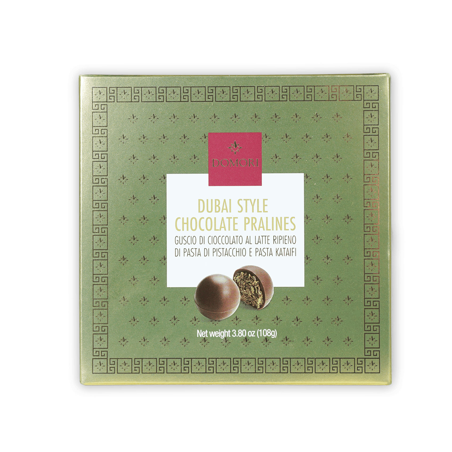 Domori Dubai Chocolate Pralines green gift box with pink label, 9 pcs
