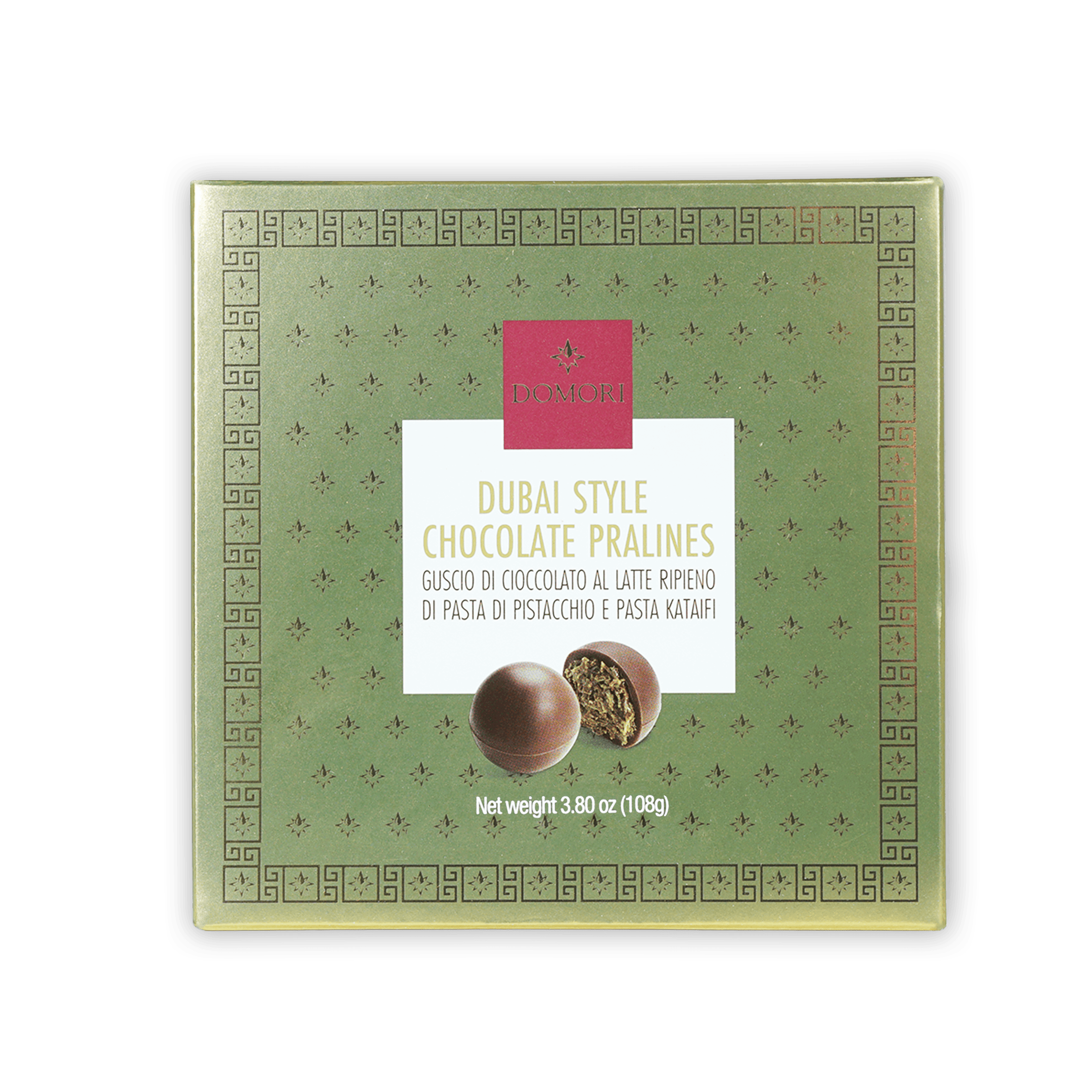 Domori Dubai Chocolate Pralines green gift box with pink label, 9 pcs