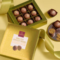 Domori Dubai chocolate pralines gift box, 9 pcs gold box with cocoa-dusted pralines