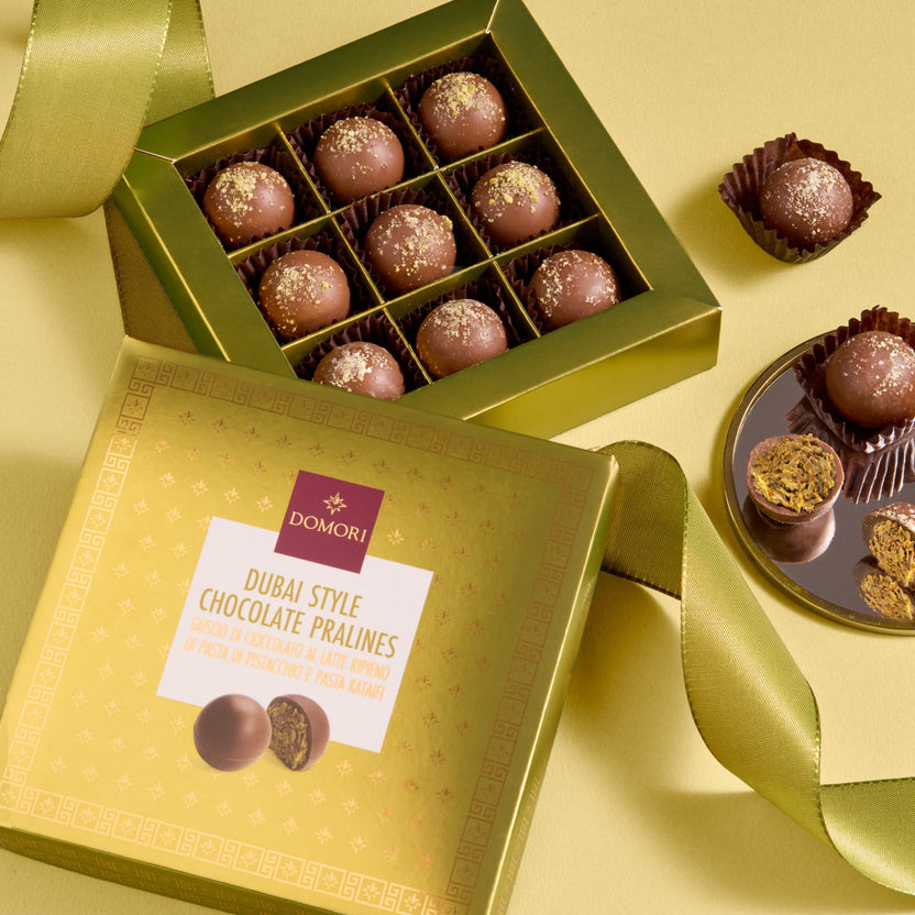 Domori Dubai chocolate pralines gift box, 9 pcs gold box with cocoa-dusted pralines