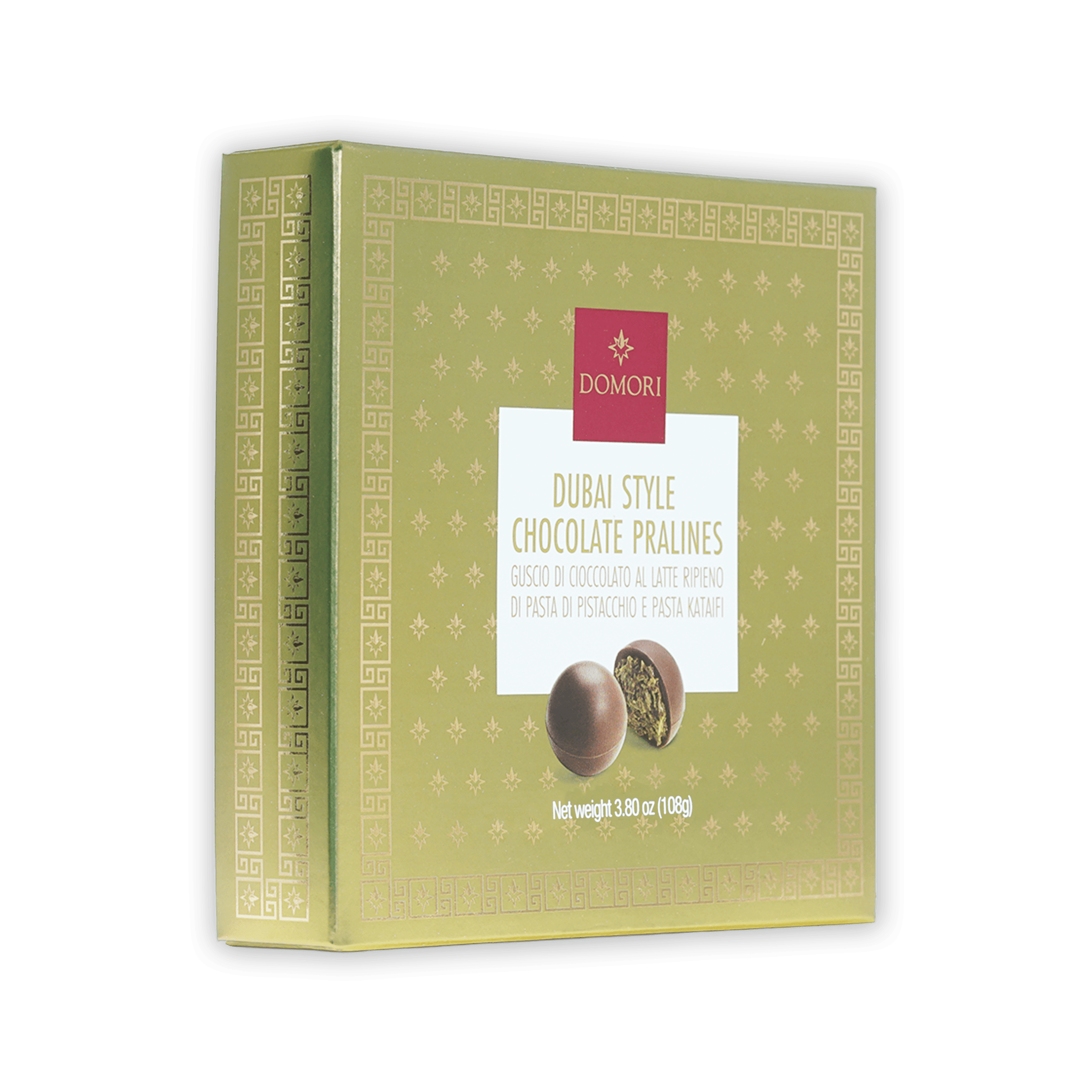 Domori Dubai chocolate pralines gift box, 9 pcs, olive-green with gold patterns