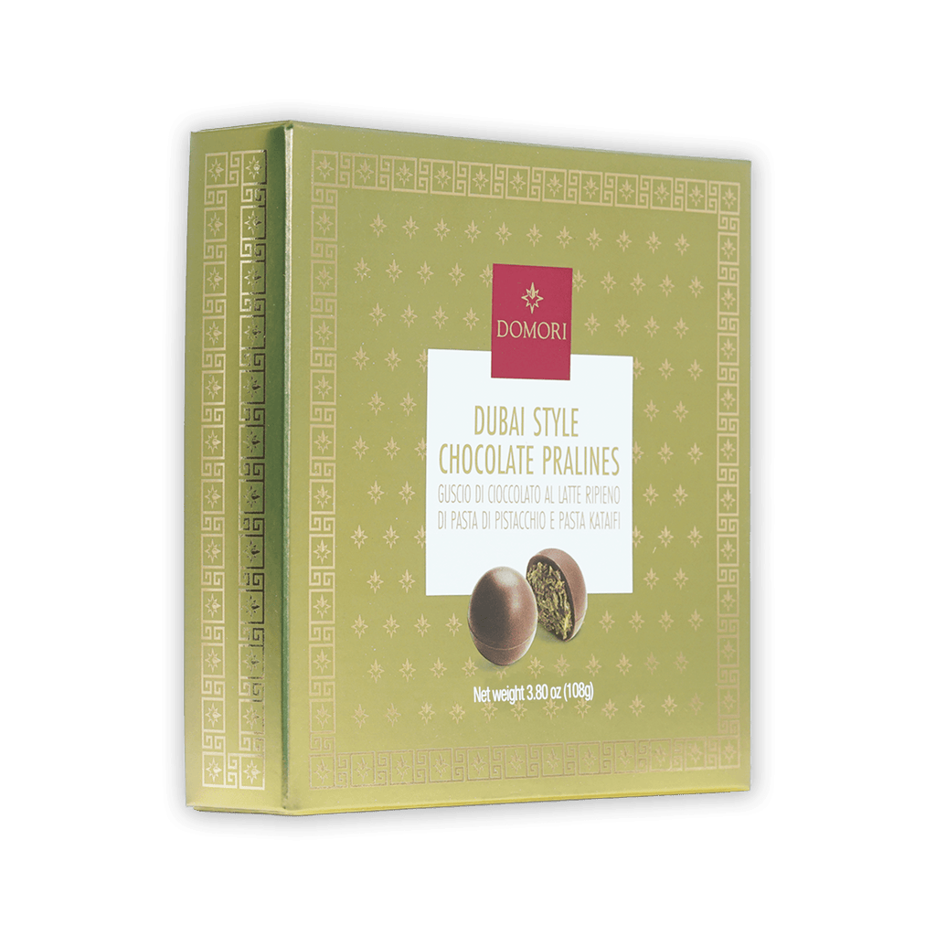 Domori Dubai chocolate pralines gift box, 9 pcs, olive-green with gold patterns