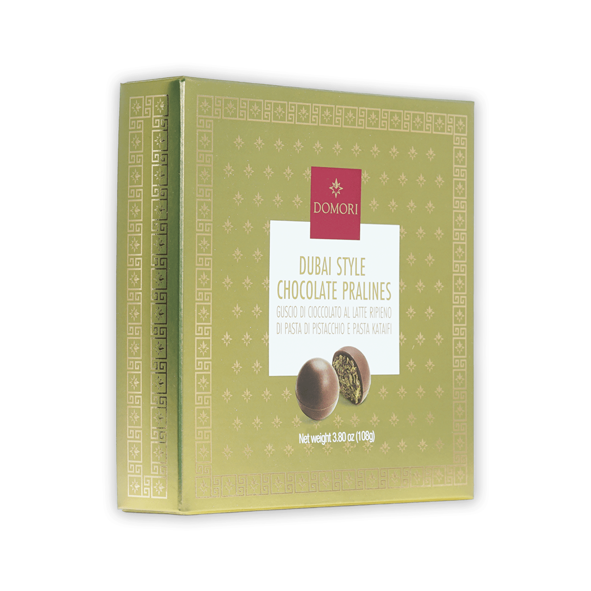 Domori Dubai chocolate pralines gift box, 9 pcs, olive-green with gold patterns