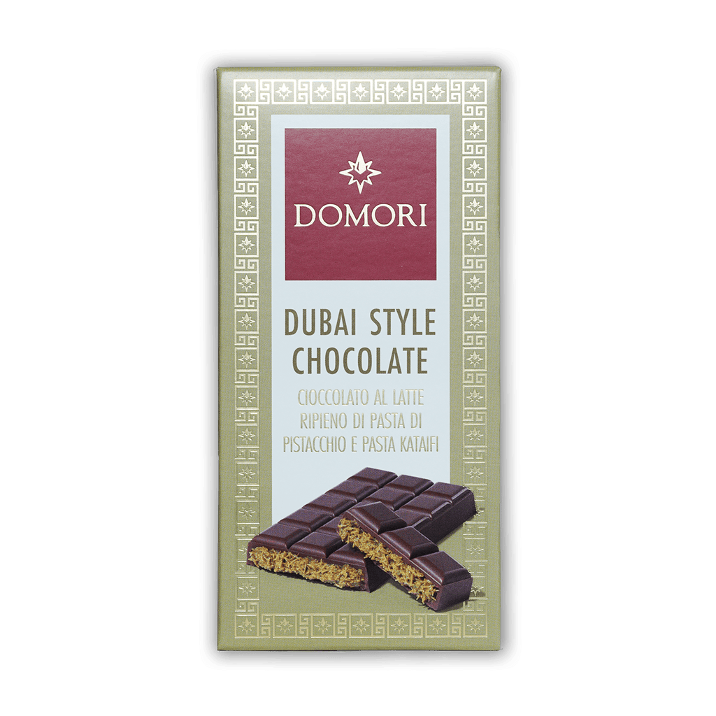 Domori Dubai Milk Chocolate Bar with pistachio kataifi filling