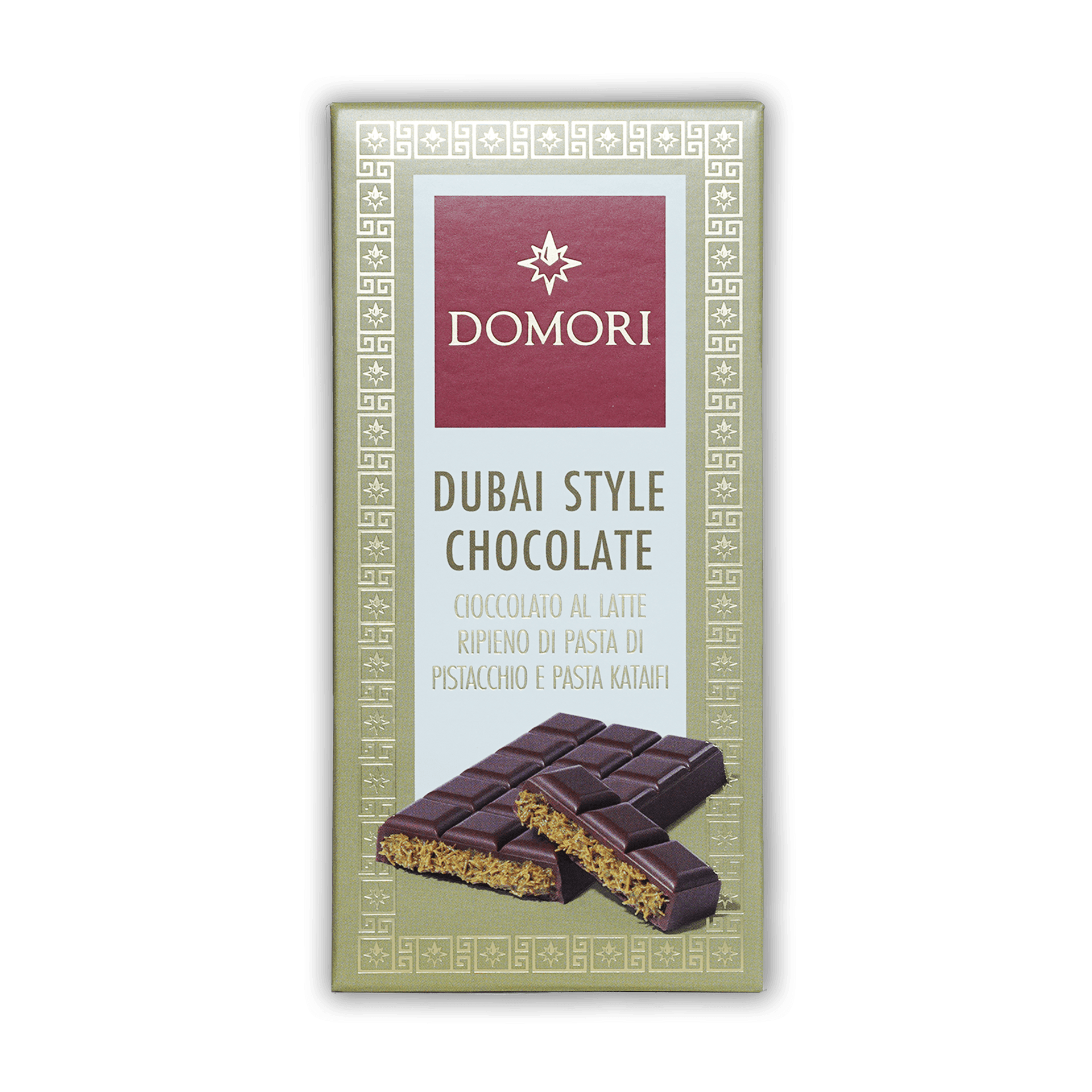 Domori Dubai Milk Chocolate Bar with pistachio kataifi filling
