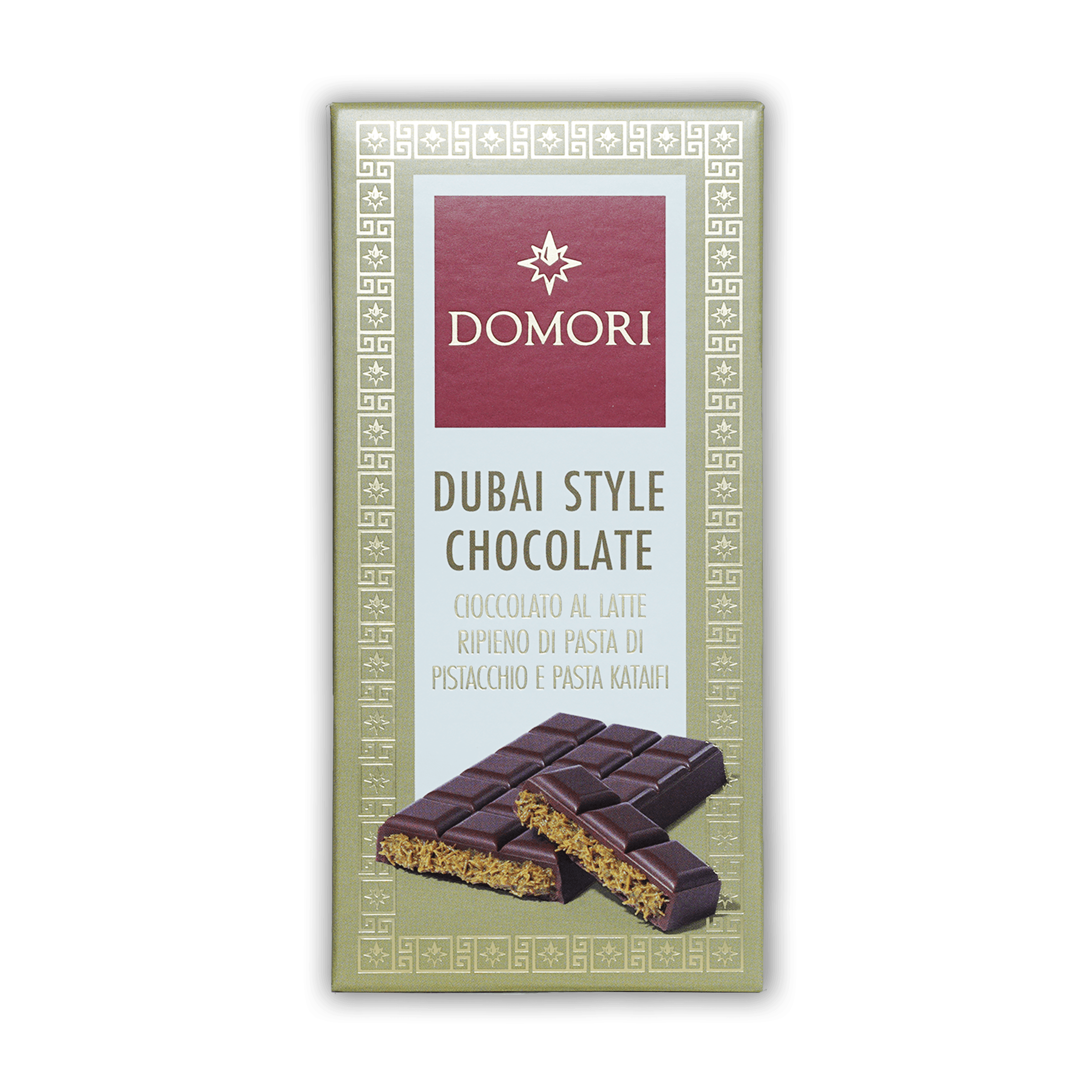 Domori Dubai Milk Chocolate Bar with pistachio kataifi filling