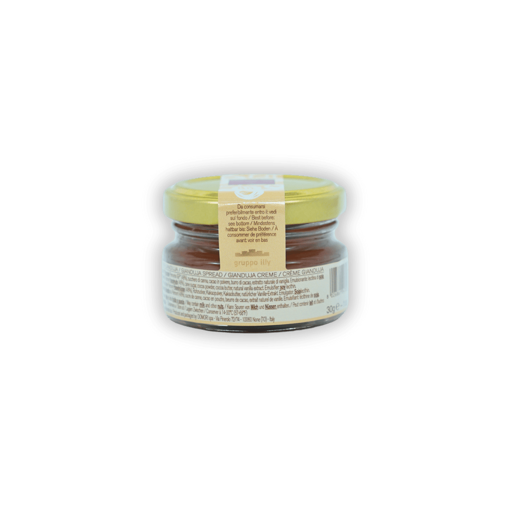 Domori Crema Gianduja Spread jar with yellow lid and reddish-brown filling