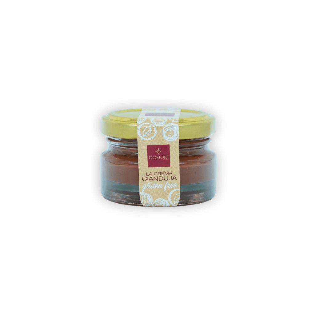 Domori Crema Gianduja gluten-free spread in clear jar with yellow lid
