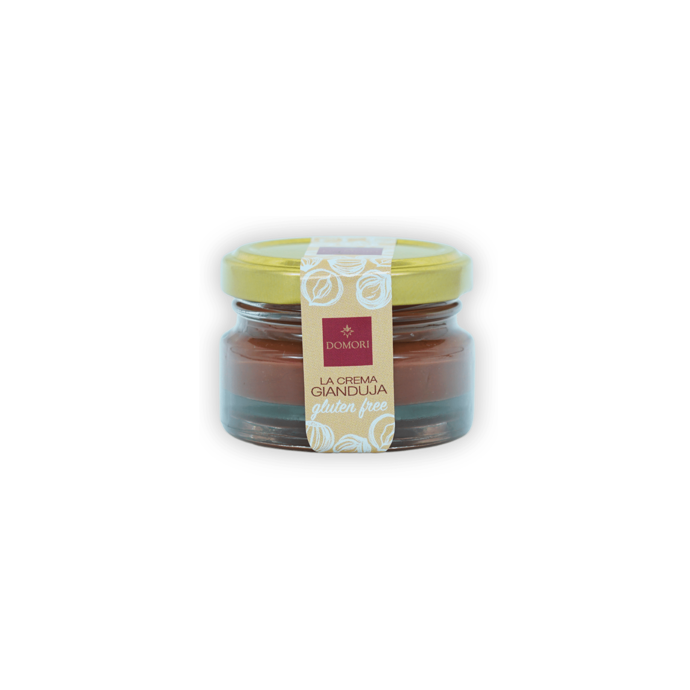 Domori Crema Gianduja gluten-free spread in clear jar with yellow lid