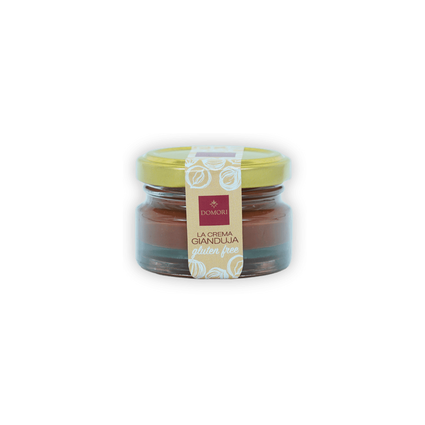 Domori Crema Gianduja gluten-free spread in clear jar with yellow lid