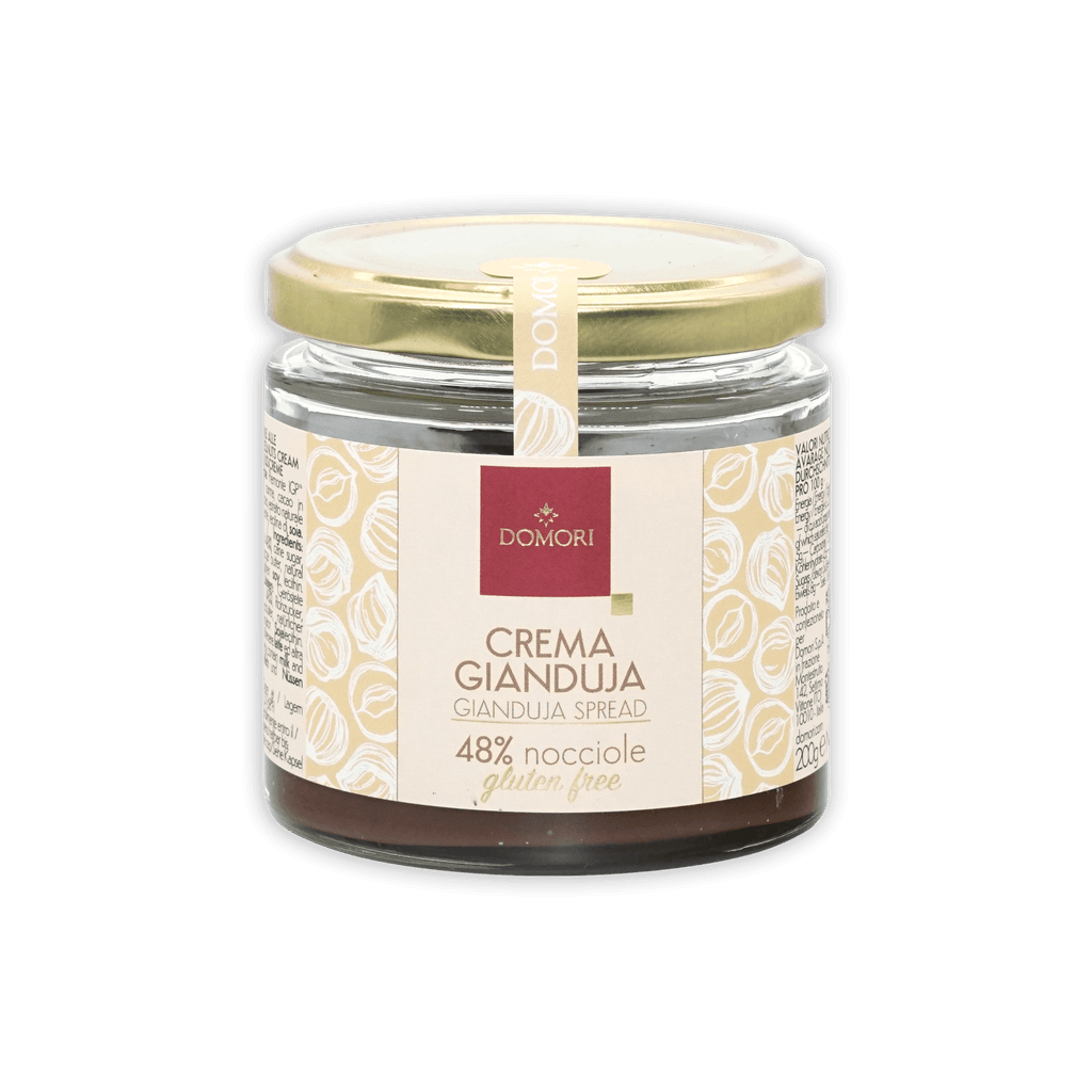 Domori Crema Gianduja 48% almond spread in glass jar with gold lid