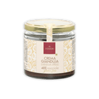 Domori Crema Gianduja 48% almond spread in glass jar with gold lid