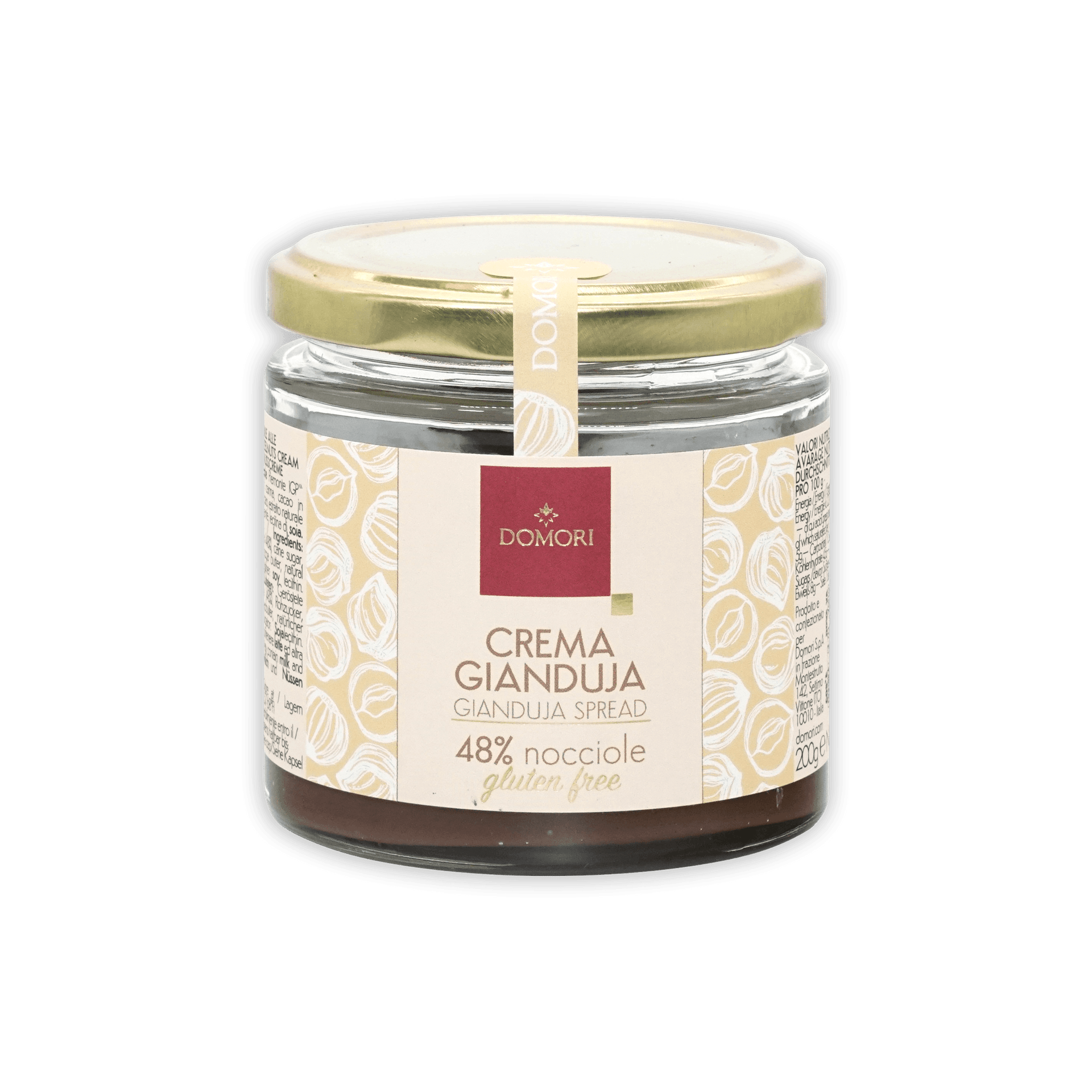 Domori Crema Gianduja 48% almond spread in glass jar with gold lid