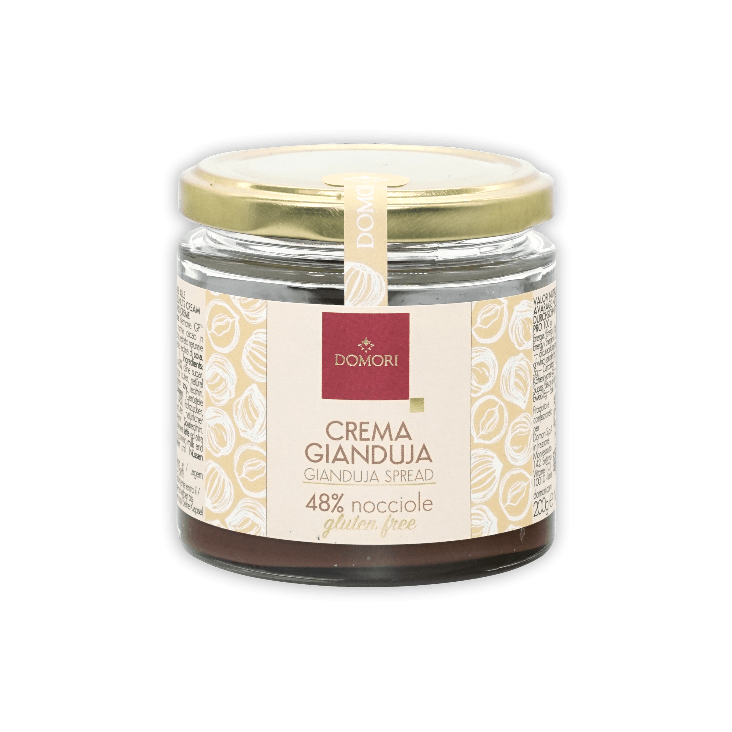 Domori Crema Gianduja 48% almond spread in glass jar with gold lid
