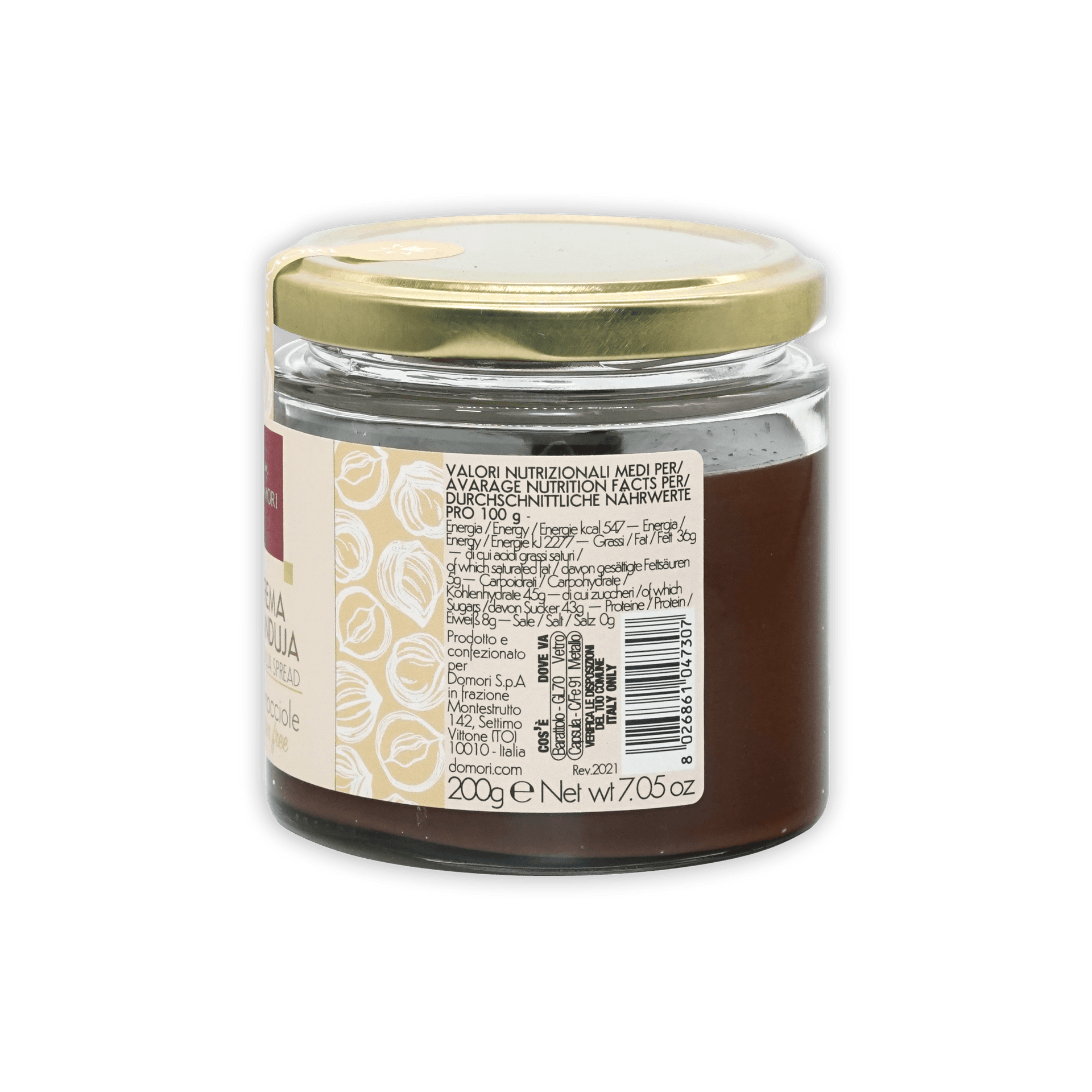 Domori Crema Gianduja Spread in clear glass jar with gold lid