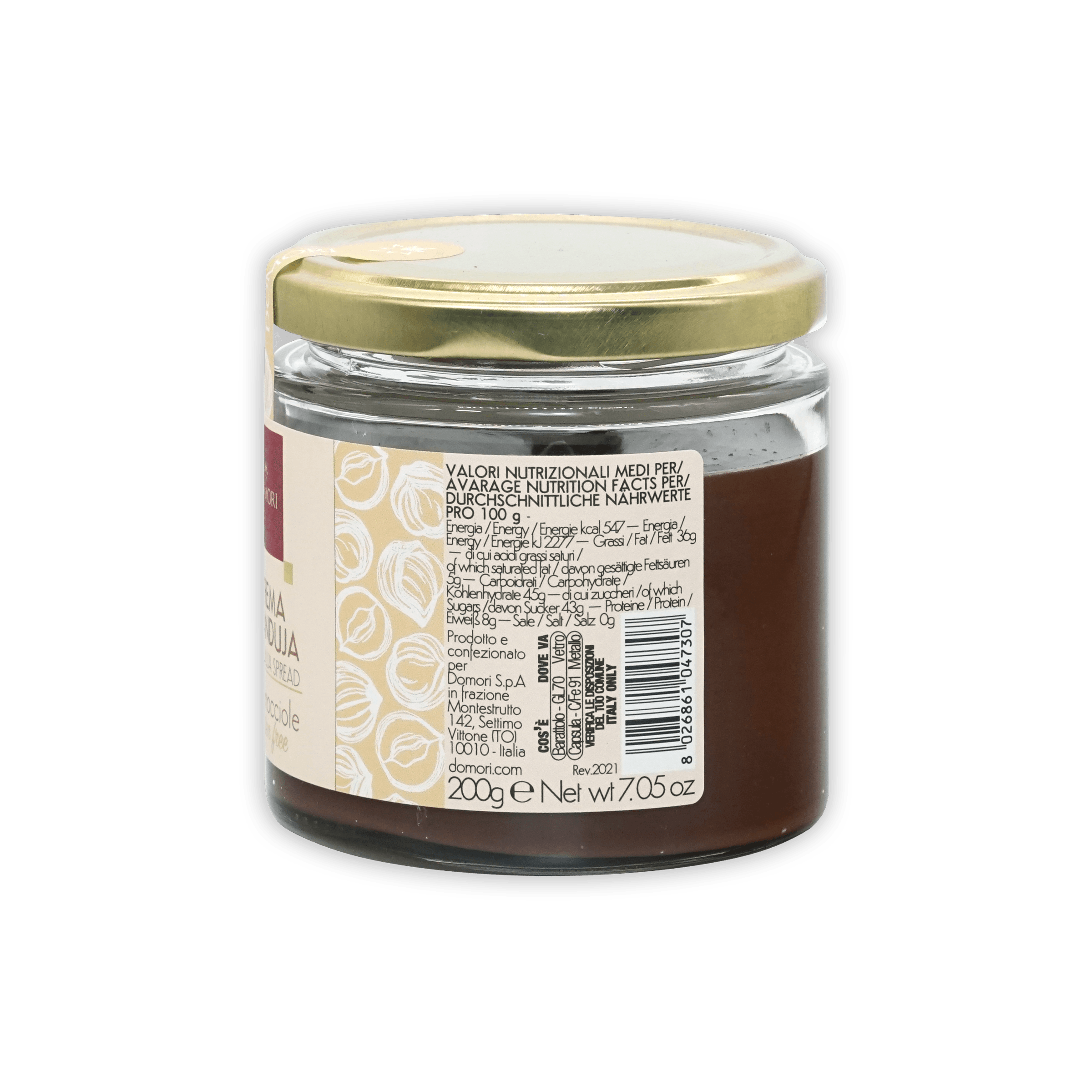 Domori Crema Gianduja Spread in clear glass jar with gold lid