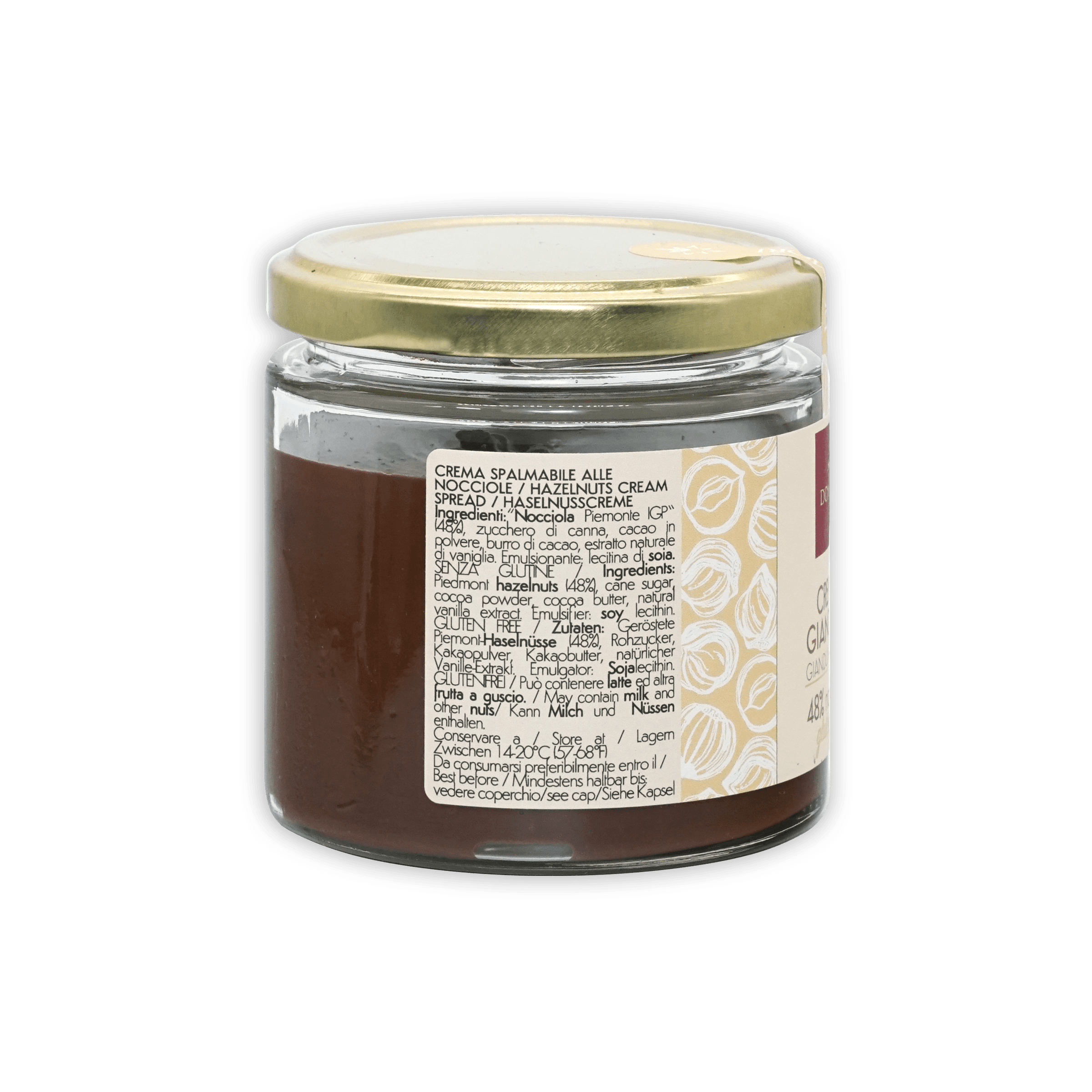 Domori Crema Gianduja Spread jar with gold lid and dark brown hazelnut cream