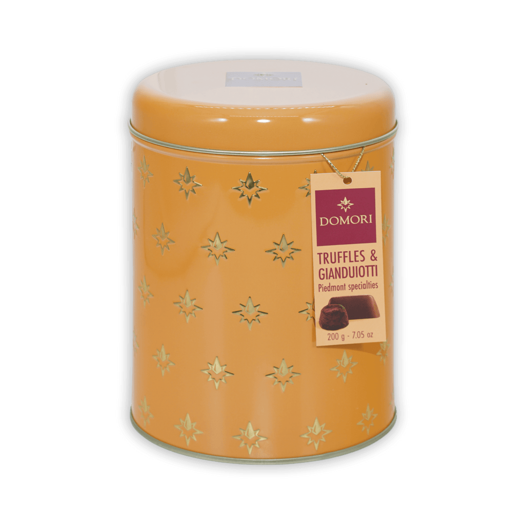 Domori Giandujotti & dark truffles tin with gold stars