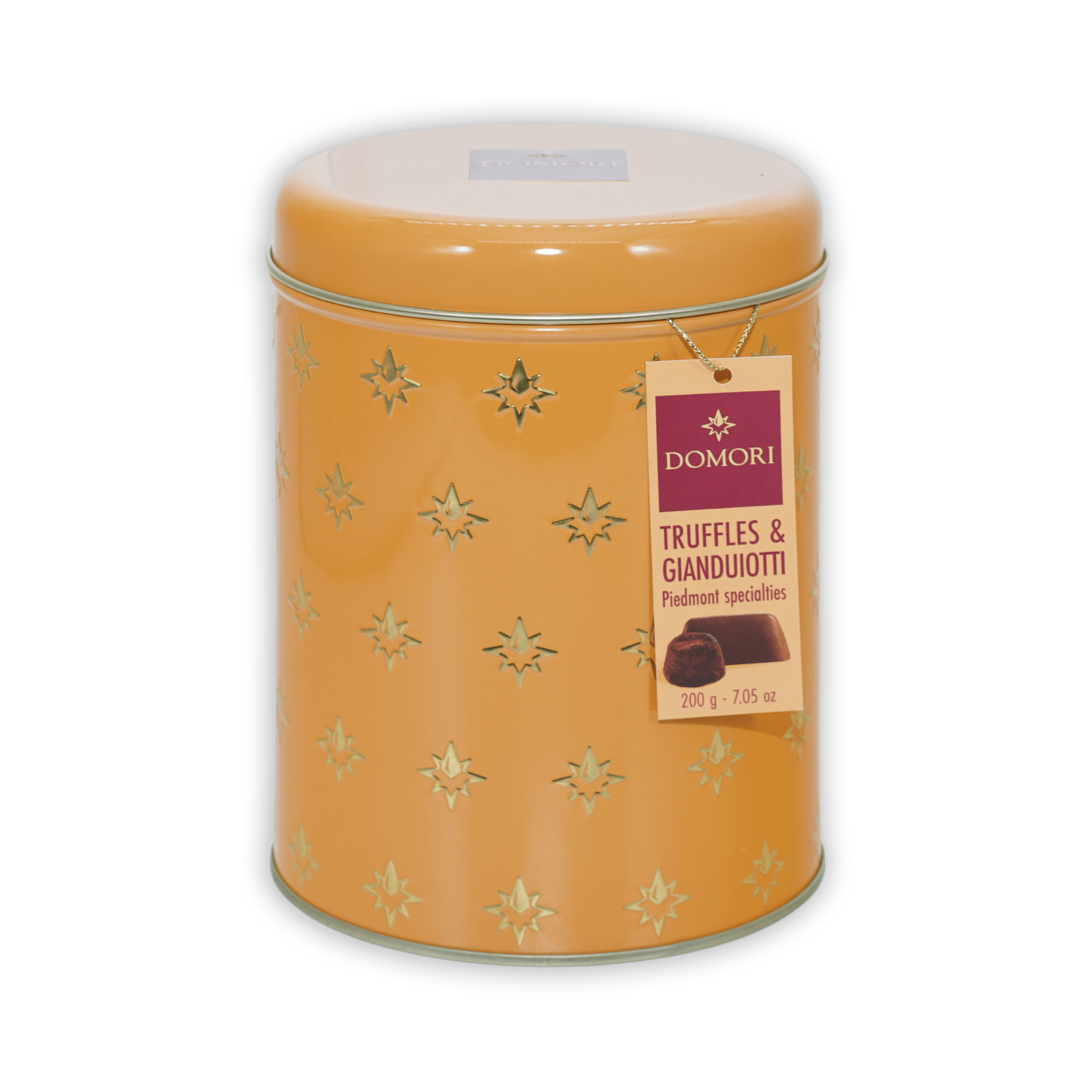 Domori Giandujotti & dark truffles tin with gold stars