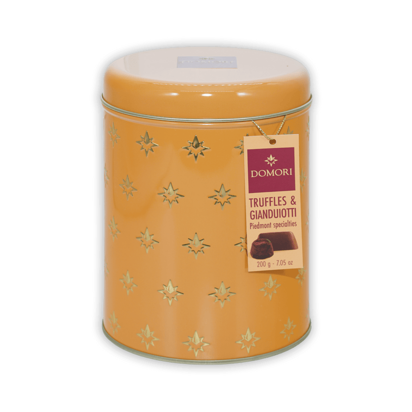 Domori Giandujotti & dark truffles tin with gold stars
