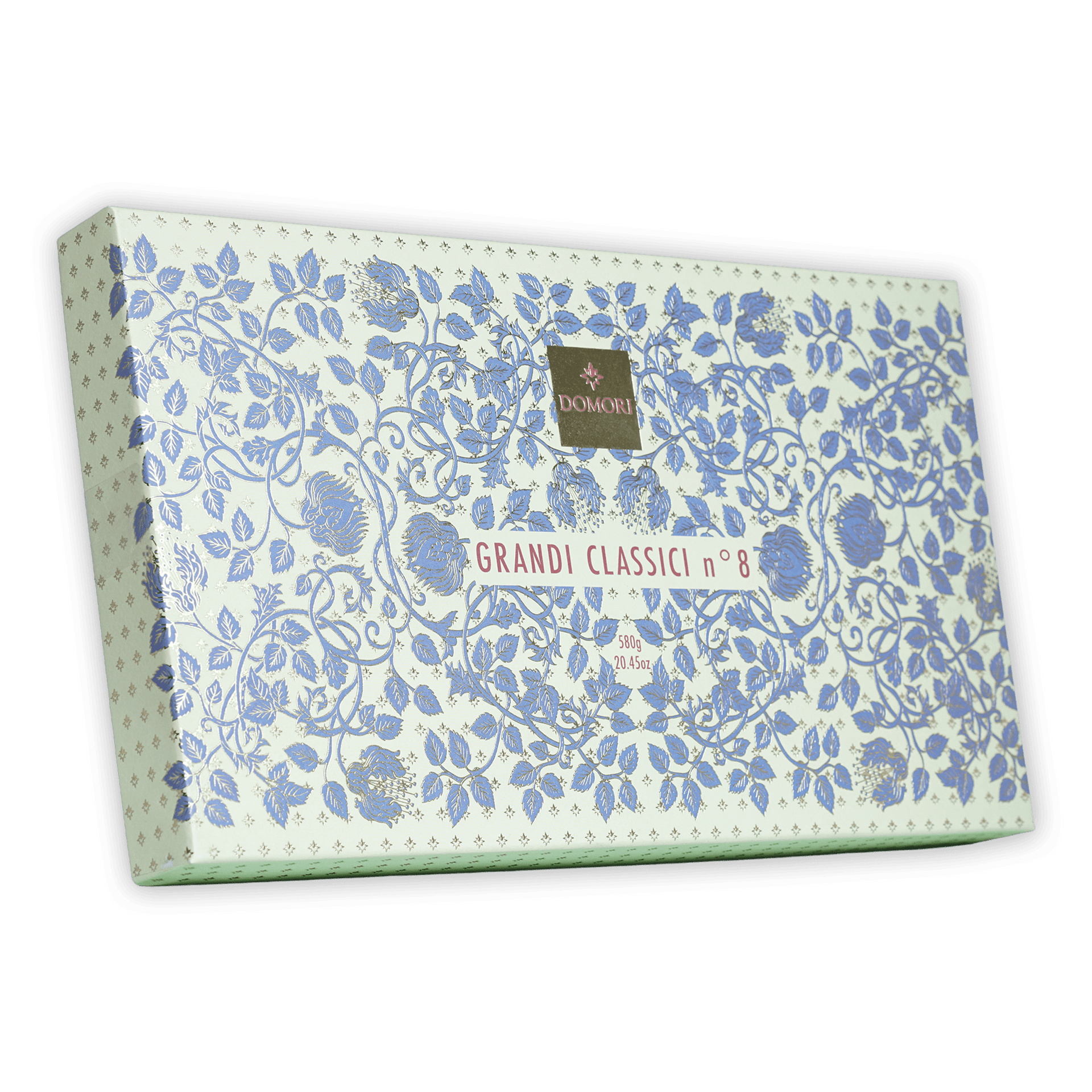 Domori Great Classics No 8 white gift box with blue floral pattern