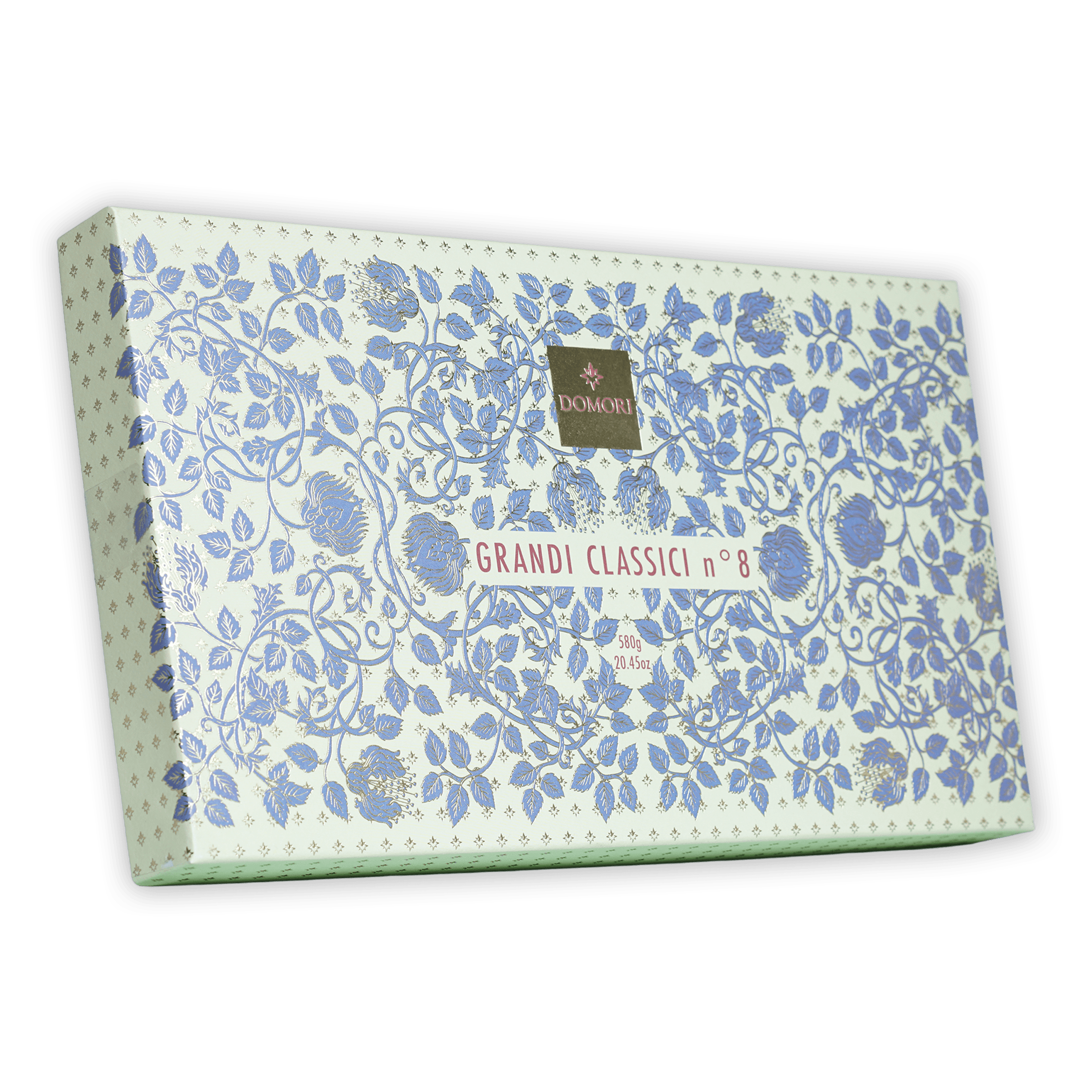 Domori Great Classics No 8 white gift box with blue floral pattern