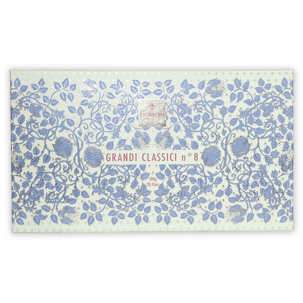 Domori Great Classics No 8 box with blue floral pattern and pink text
