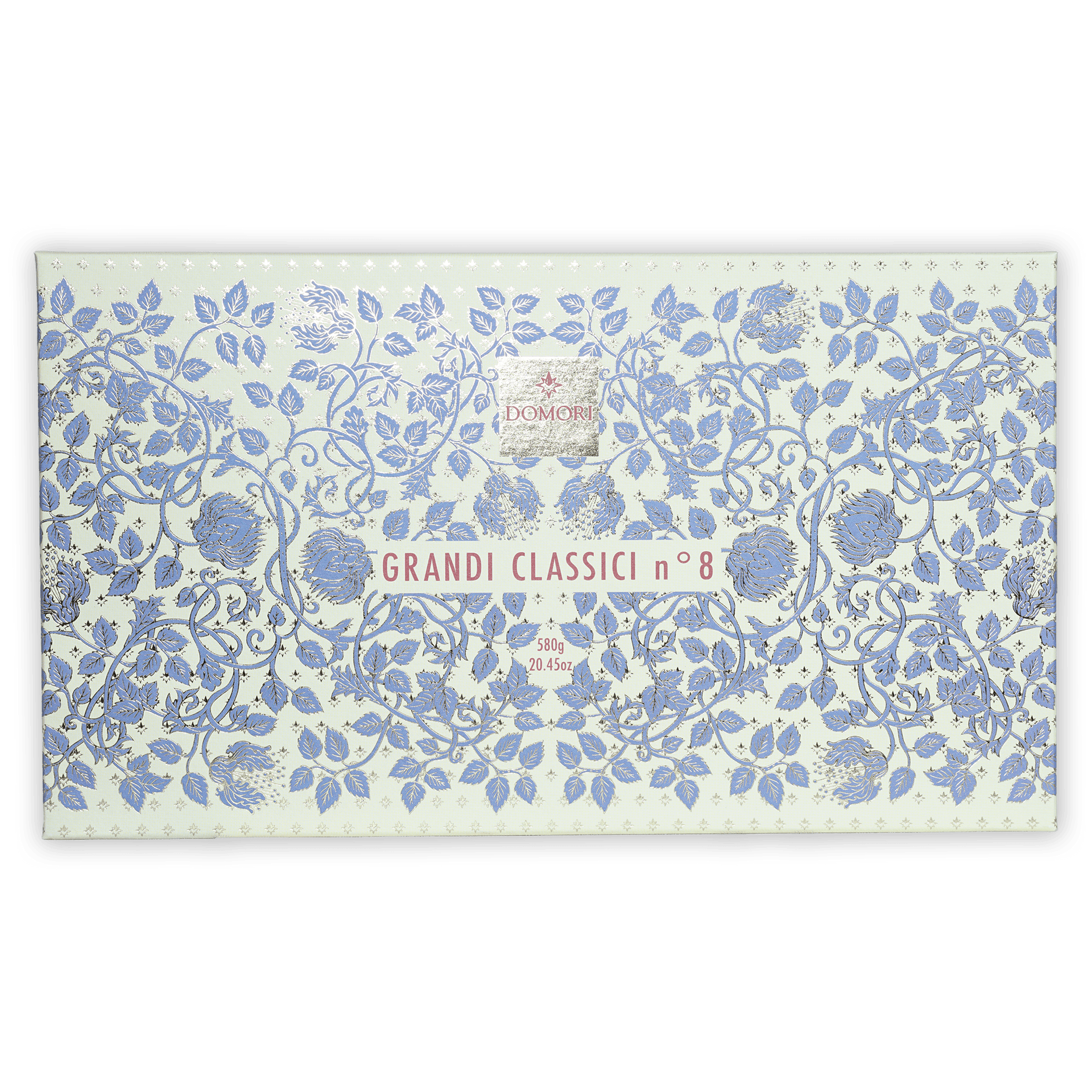 Domori Great Classics No 8 box with blue floral pattern and pink text