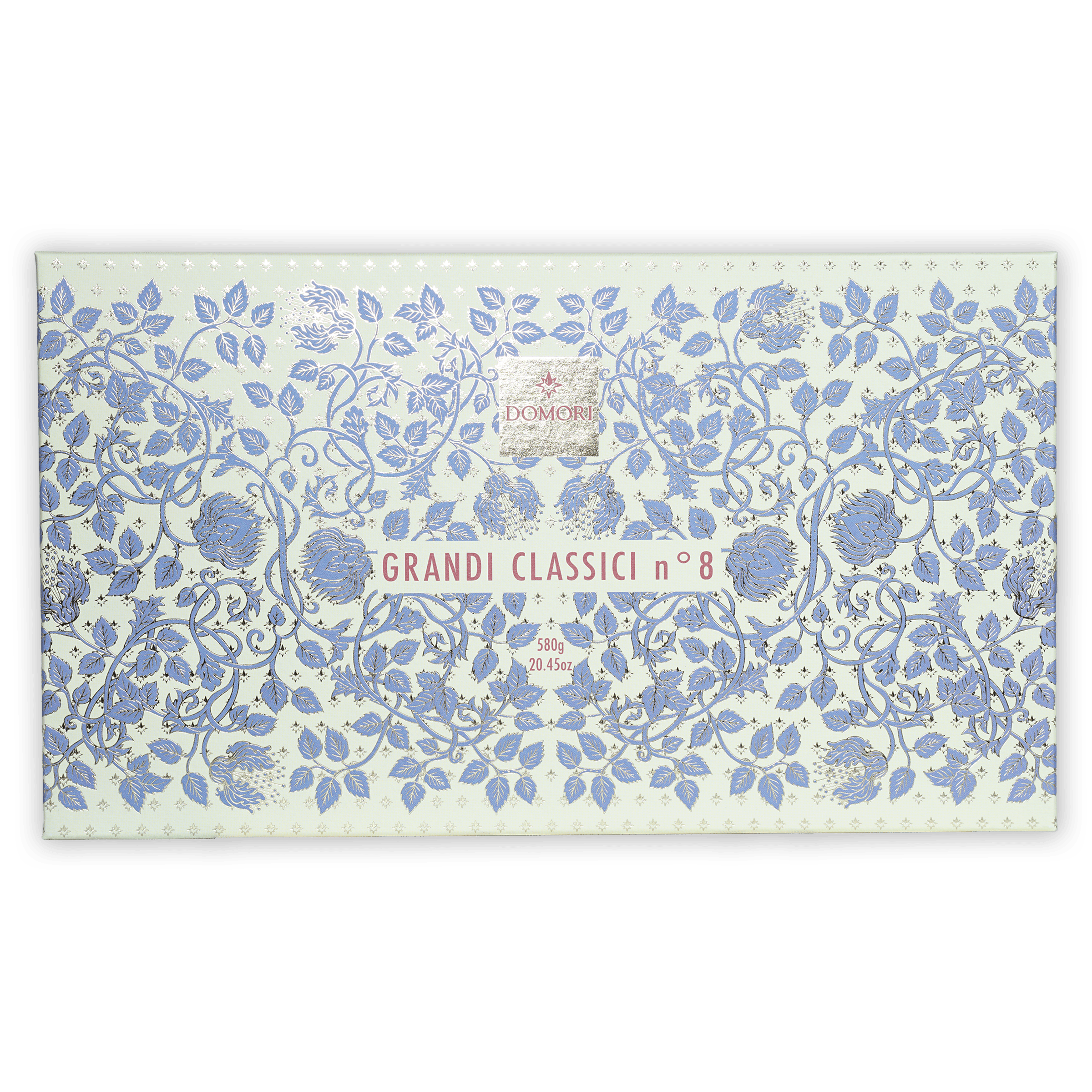 Domori Great Classics No 8 box with blue floral pattern and pink text