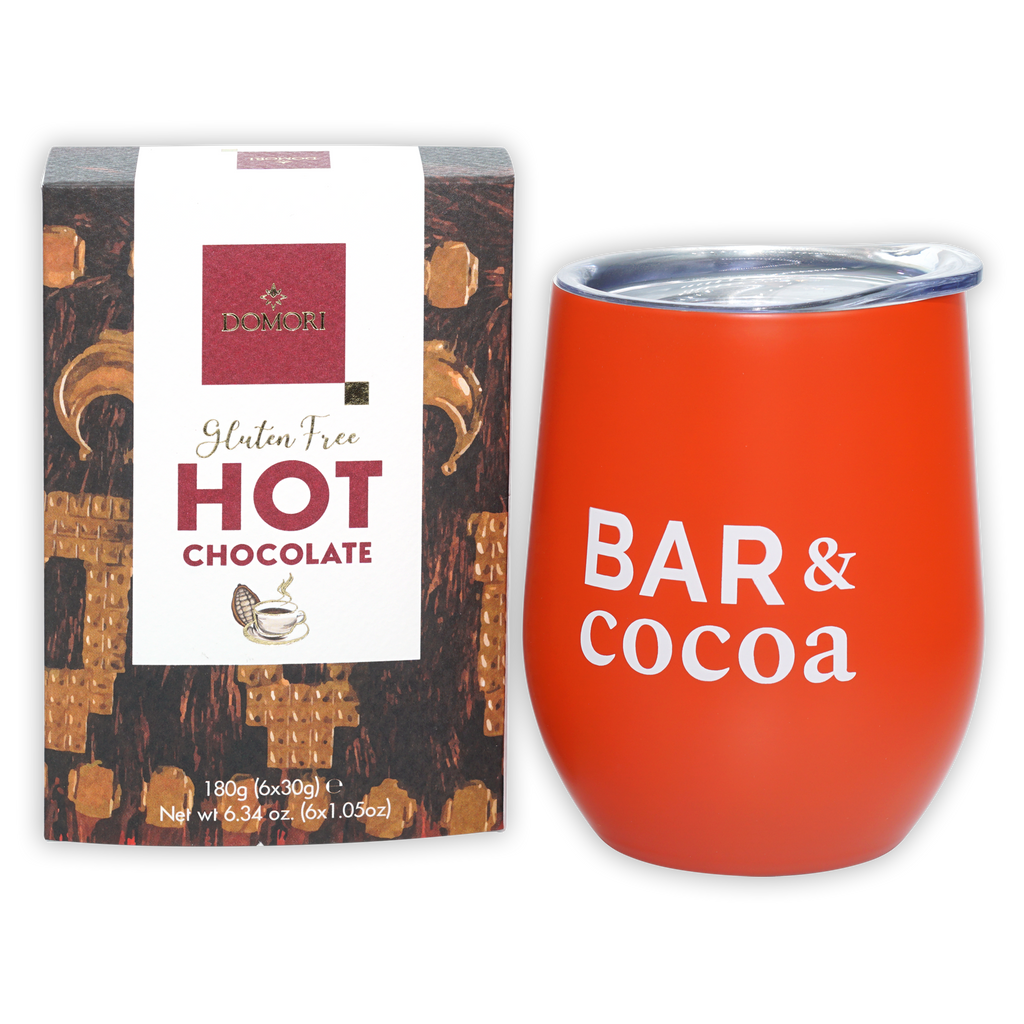 Vibrant orange Domori Hot Chocolate tumbler with clear lid and bar & cocoa print