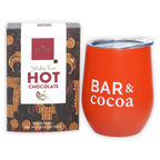 Vibrant orange Domori Hot Chocolate tumbler with clear lid and bar & cocoa print