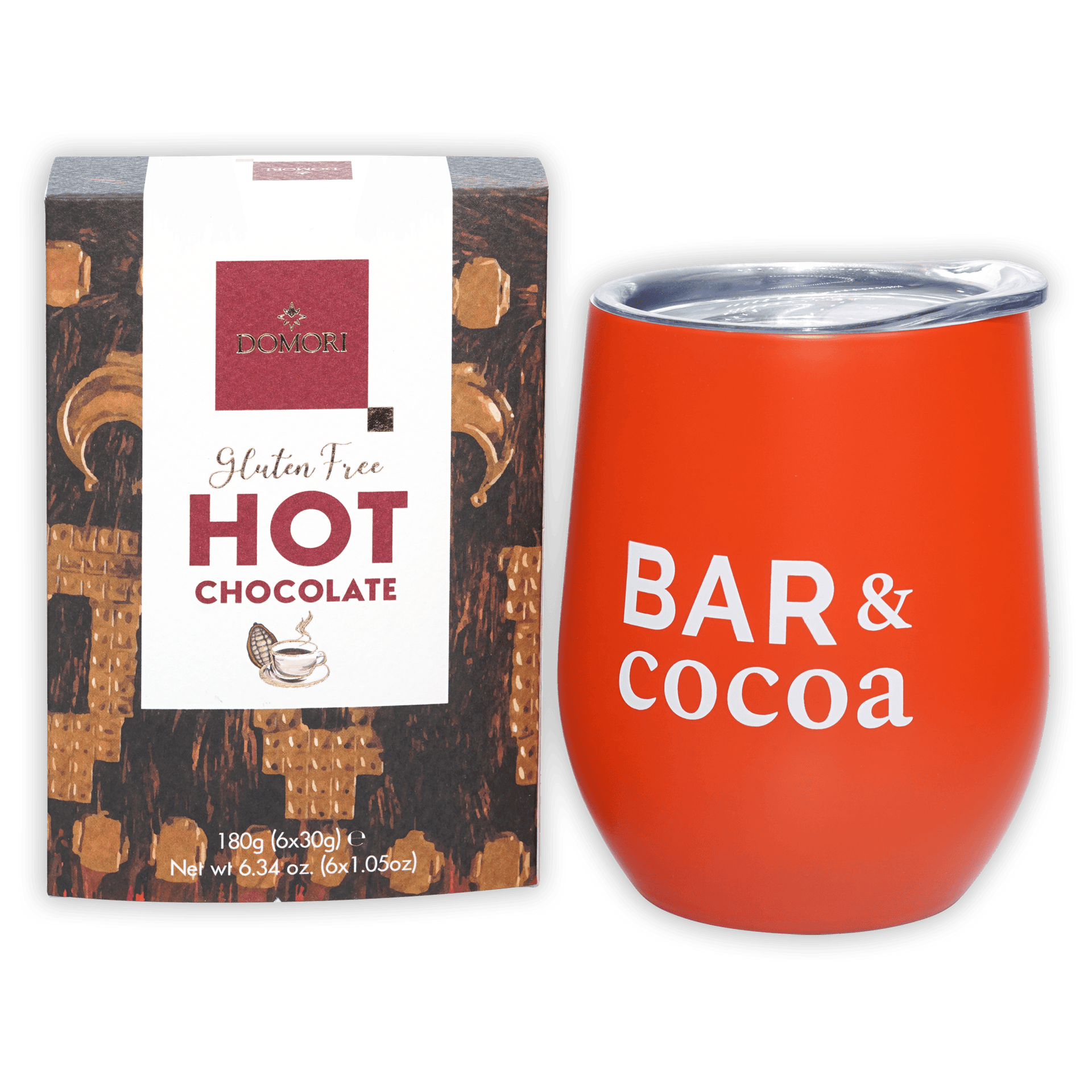 Vibrant orange Domori Hot Chocolate tumbler with clear lid and bar & cocoa print
