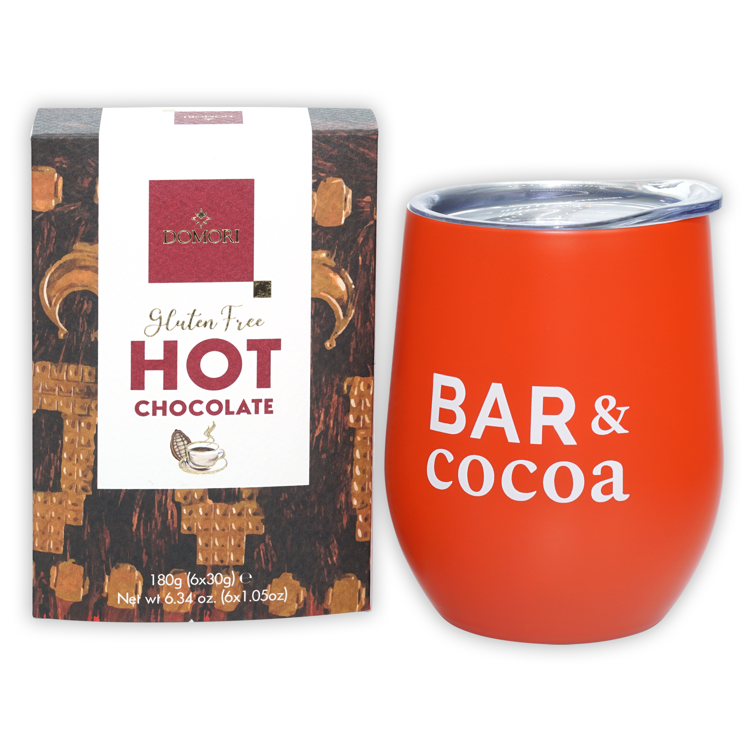 Vibrant orange Domori Hot Chocolate tumbler with clear lid and bar & cocoa print