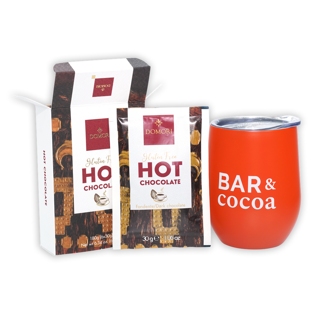 Vibrant orange Domori Hot Chocolate Mix tumbler with clear lid and bar & cocoa lettering