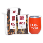 Vibrant orange Domori Hot Chocolate Mix tumbler with clear lid and bar & cocoa lettering