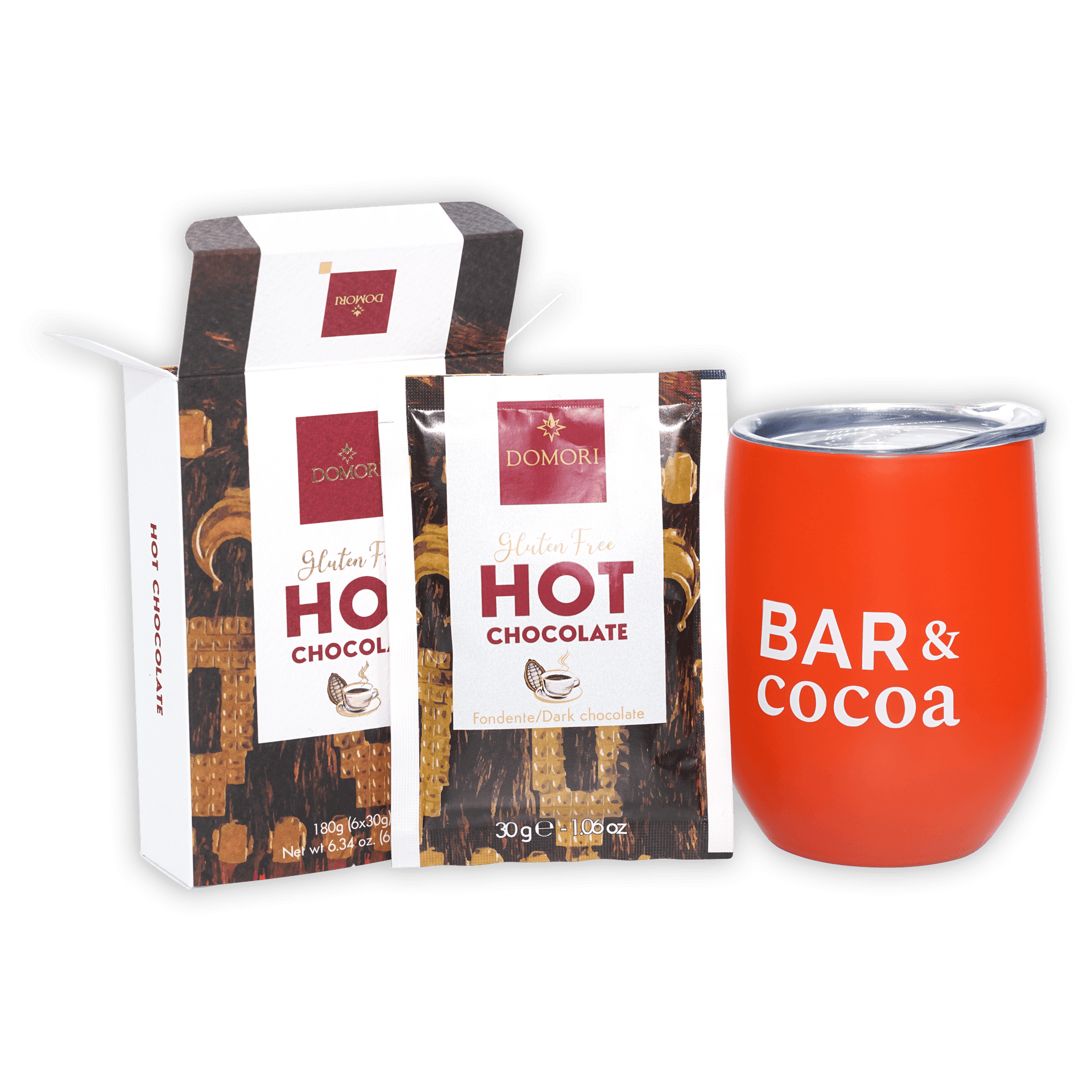 Vibrant orange Domori Hot Chocolate Mix tumbler with clear lid and bar & cocoa lettering